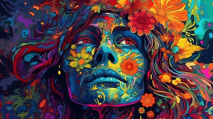 Woman face with flowers. Colorful background. Psychedelic digital art. Multicolored illustration of a woman face.