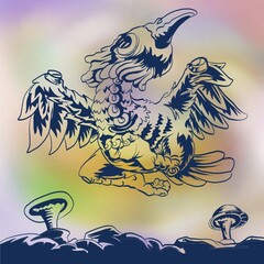 Bird flying over mushroom hand draw illustration