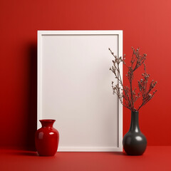 A mockup of an empty picture frame surrounded by flowers, minimalism