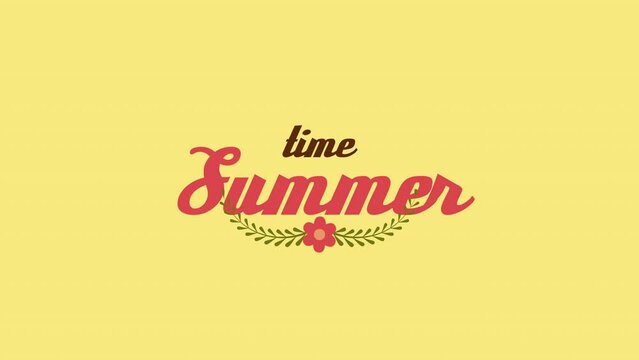 Summer Time with red cartoon flowers on yellow gradient, motion promotion, summer and retro style background