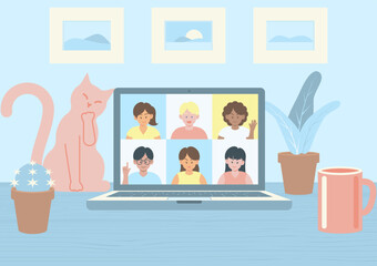 Video conference with multiracial young colleagues on laptop computer screen with cat on wooden table in cozy room interior, in perspective view flat design vector
