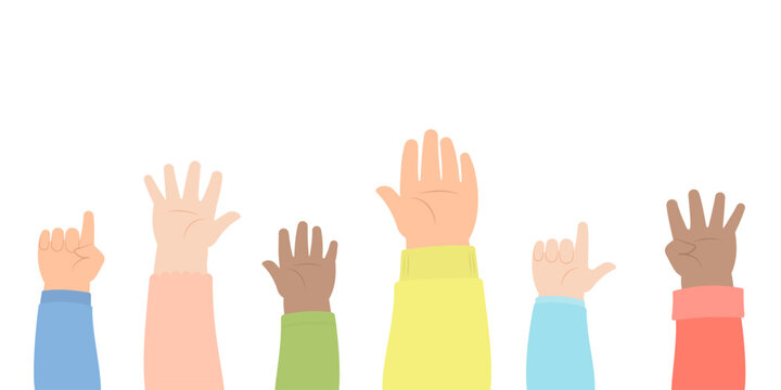 Hands Of Diverse Kids With Colorful Sleeves Raising And Showing Palms Of The Hands In Flat Design Vector