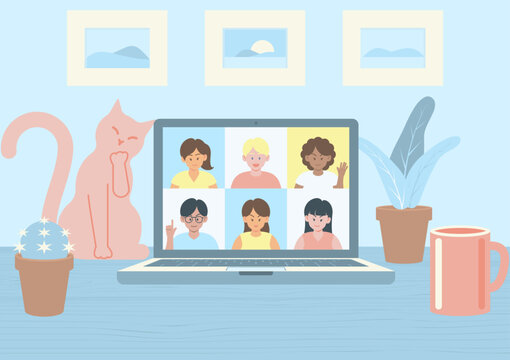 Video conference with multiracial young colleagues on laptop computer screen with cat on wooden table in cozy room interior, in perspective view flat design vector