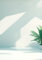 Empty minimal white podium, soft beautiful dappled sunlight, tropical palm leaves shadow on the wall, 3D background