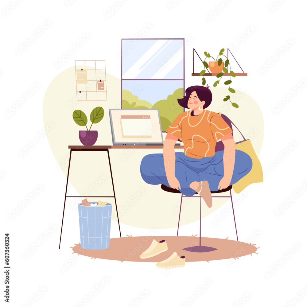 Poster woman in yoga pose stretching at workplace at home. employee working from office stretching at chair