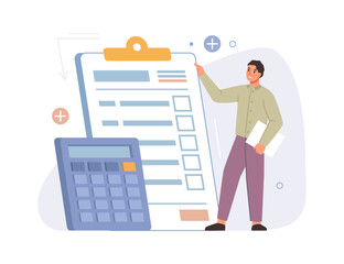 Man using calculator and calculate bills, flat cartoon. Vector tax form and paper invoice documents, vector illustration. Male hold big financial form with tips, payment receipt