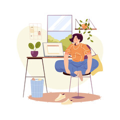 Woman in yoga pose stretching at workplace at home. Employee working from office stretching at chair. Cartoon character in flat style doing small exercises to get rest and relaxation. Removing tension