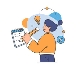 Woman making notices by pencil in notebook, flat cartoon vector illustration. Girl studying and writing down new ideas and investigations, giant human with pen
