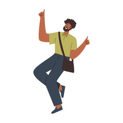 Happy student jumping from joy, person celebrating party, new job or achievement. Young excited male celebrate freedom, active male with positive energy. Flat cartoon vector