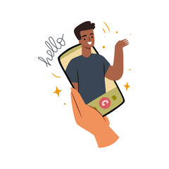 Man saying hello from smartphone screen, vector illustration. Mobile phone in human hand with flat cartoon character greeting from mobile phone, video conference