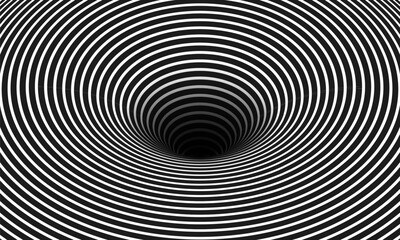 Abstract optical illusion. Hypnotic spiral tunnel with black and white lines. Vector illustration. - obrazy, fototapety, plakaty