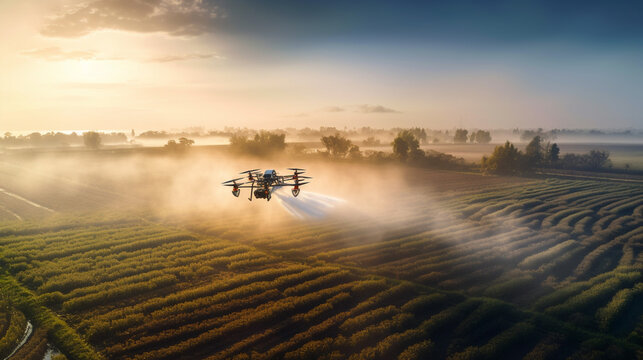 Image of spraying fertilizer on a large farmland using a drone
