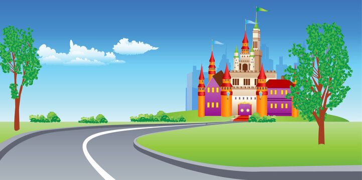 The road leading to a fairytale castle. Vector illustration for various purposes.