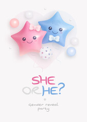 He or she. Boy or Girl. Cartoon gender reveal invitation template. Vertical banner with realistic helium balloons. Vector illustration