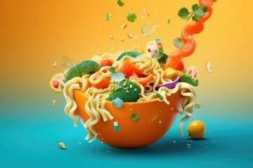 Obraz na płótnie Canvas Instant noodles with veggies in bowl on colorful background, AI Generated