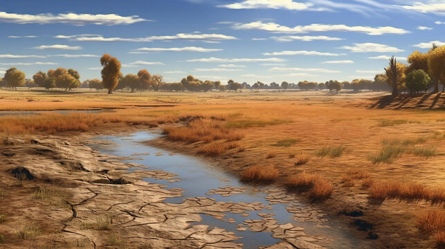 Very dry fields in a drought landscape with almost empty river with a blue sky - AI Generated