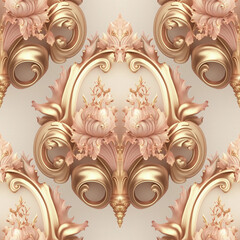 Luxury golden seamless pattern. Phantasy pink and gold background with curly elements, floral silhouettes. Elegant baroque, rococo, victorian ornament. Illustration created with generative AI tools