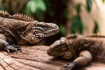 Selective focus of two Cuban rock iguana (Cyclura nubila) on tree trunk at zoo