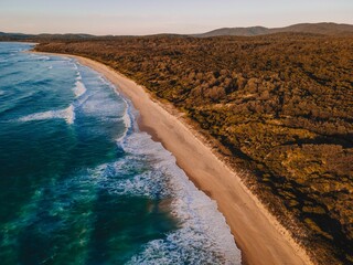 Aerial shot of Lake Tabourie beach, Australia