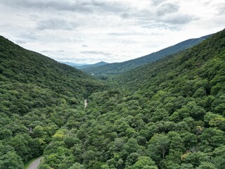 Obraz premium Aerial shot of a road in the middle of a forest and mountains under a cloudy sky