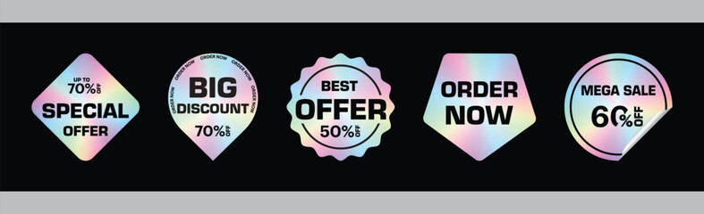 Set of Holographic stickers. Sticker shapes for design mockup. Hologram labels of different shapes. Vector illustration