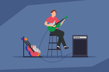 Young man character singing and playing the electric guitar 2d vector illustration concept for banner, website, illustration, landing page, flyer, etc.