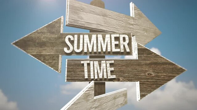 Summer Time with direction indicator on road with blue sky, motion promotion, summer and travel style background