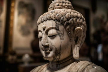Statue of Buddha in temple and a small meditation. Zen spiritual ritual meditating white face of white Buddha, dark background. Religion concept, esoterics. Spiritual awakening. Generative AI.