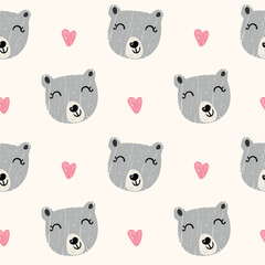 Seamless Pattern with Cartoon Bear Face and Heart Design on Light Yellow Background
