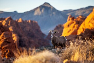 Fototapeta premium Selective focus shot of a bighorn sheep in the Valley of Fire State Park in Nevada, United States