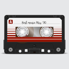 Retro audio cassette. Audio tape. Old technology. Realistic vector cassette on a white background.
