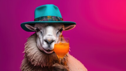 Fototapeta premium Sheep with hat and cocktail