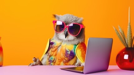 Cool owl working on laptop