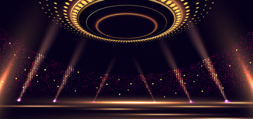 Elegant golden stage horizontal glowing with lighting effect sparkle on dark background. Template premium award design.