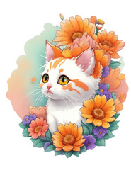 cute kitten head  fantasy flowers
