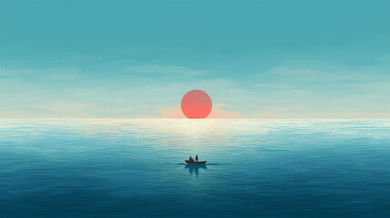 Minimalistic Illustration of a lost boat at the sea, Generative AI