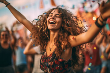 A fictional person, Beautiful young woman with long hair having fun at music festival with her hands up dancing . Generative AI - obrazy, fototapety, plakaty