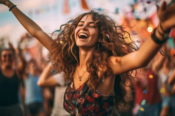 Poster A fictional person, Beautiful young woman with long hair having fun at music festival with her hands up dancing . Generative AI © LS Visuals