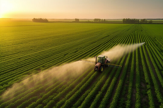 Aerial Drone View of Tractor Spraying Pesticides at Sunset. Generative AI