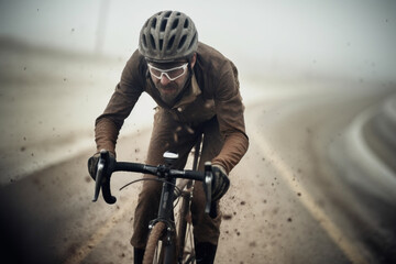 A fictional person riding road gravel bike in harsh weather conditions, Generative AI