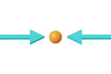 Two arrows pointing to a sphere in the middle. Concept for working all together.