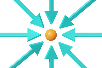 Multiple arrows pointing to a sphere in the middle. Concept for working all together.