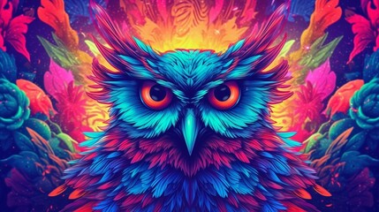 Fototapeta premium Psychedelic trippy owl cartoon 70s, rave style, acid color. Retrowave concept. Ai Generative