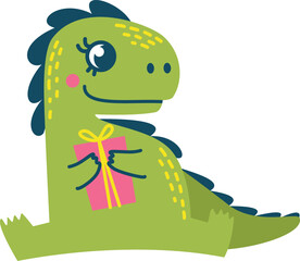 Cute children's illustration on a white background. A cheerful raptor holds a gift in his paws. Good Dinosaur Birthday