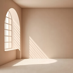 Minimalistic  room with gentle tones of beige wall background with window shadows.