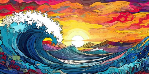 AI Generated. AI Generative. Illustration of hawaii waves sunset sky tropical vibe. Graphic Art