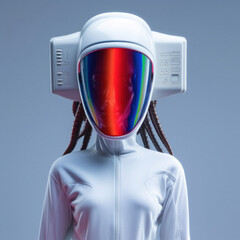 Futuristic portrait of a young beautiful girl from the future. Space, neon costume. Technological invasion and fashion style. Generative AI.