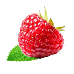 Ripe red raspberry with leaf isolated PNG transparent background generated by ai ,clipping path, png file