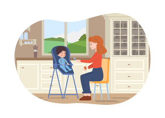 Vector isolated illustration of Nanny or mother feeding baby sitting in children's table in the kitchen room, Babysitter services