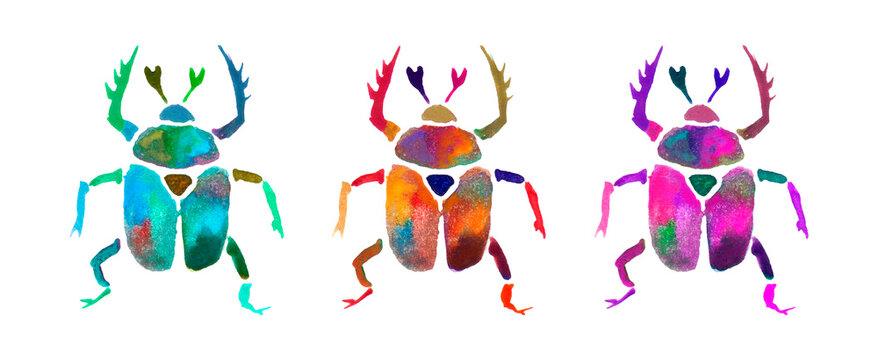 Watercolor colorful beetles, animal bugs. Hand painted insect illustration isolated on white background.